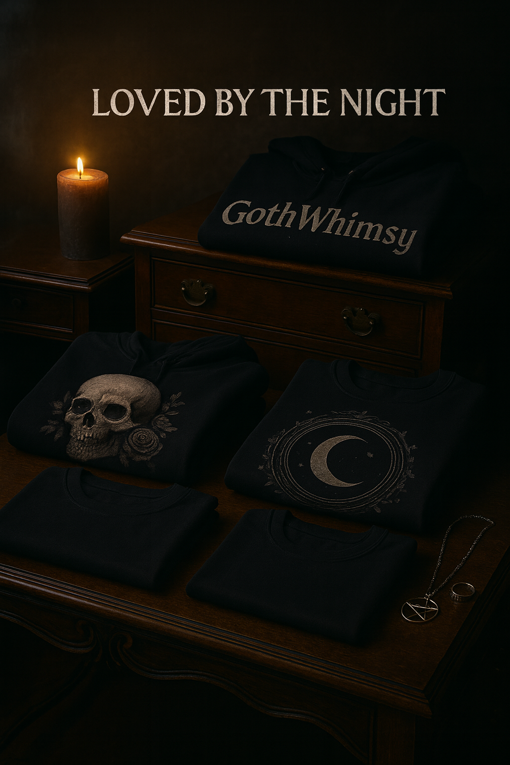 Flat-lay of best-selling gothic apparel with moon and skull motifs, candlelit scene on dark wood dresser, Whimsigothic fashion from GothWhimsy.