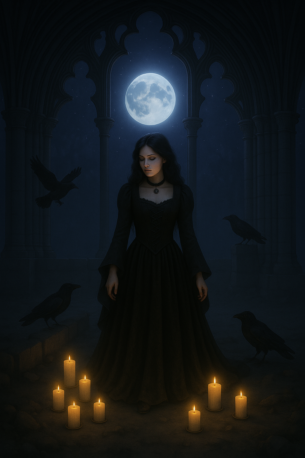 Gothic woman standing beneath a glowing full moon surrounded by ravens and candlelight inside cathedral arches, Celestial Whimsy Collection by GothWhimsy.