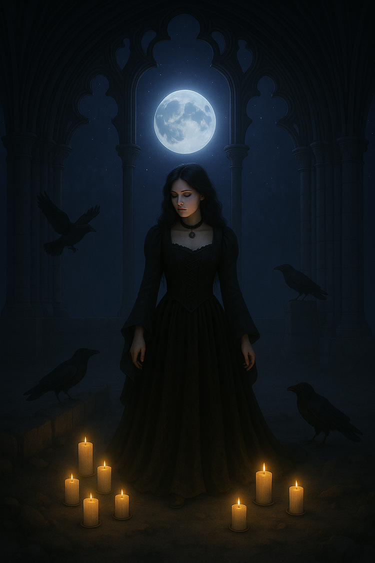 Gothic woman standing beneath a glowing full moon surrounded by ravens and candlelight inside cathedral arches, Celestial Whimsy Collection by GothWhimsy.
