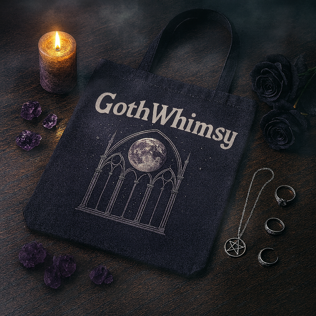 GothWhimsy tote bag with moon and gothic arch design surrounded by black roses, rings, and candlelight, Whimsigothic accessories collection.