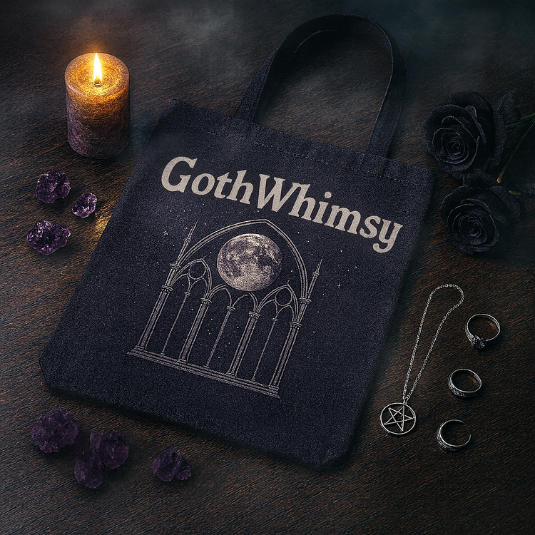 GothWhimsy tote bag with moon and gothic arch design surrounded by black roses, rings, and candlelight, Whimsigothic accessories collection.