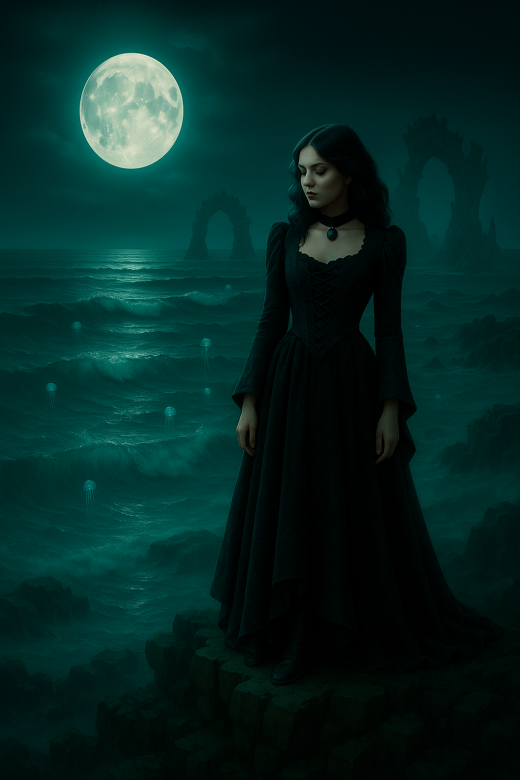 Gothic woman in a flowing black dress standing by a moonlit ocean with dark arches in the distance, Whimsigothic fantasy aesthetic from GothWhimsy’s Oceanic Abyss collection.