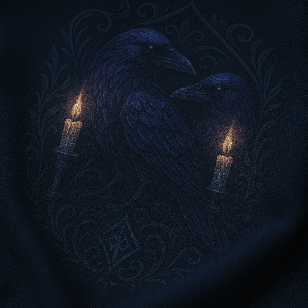 Two ravens holding candles against a dark background with intricate patterns