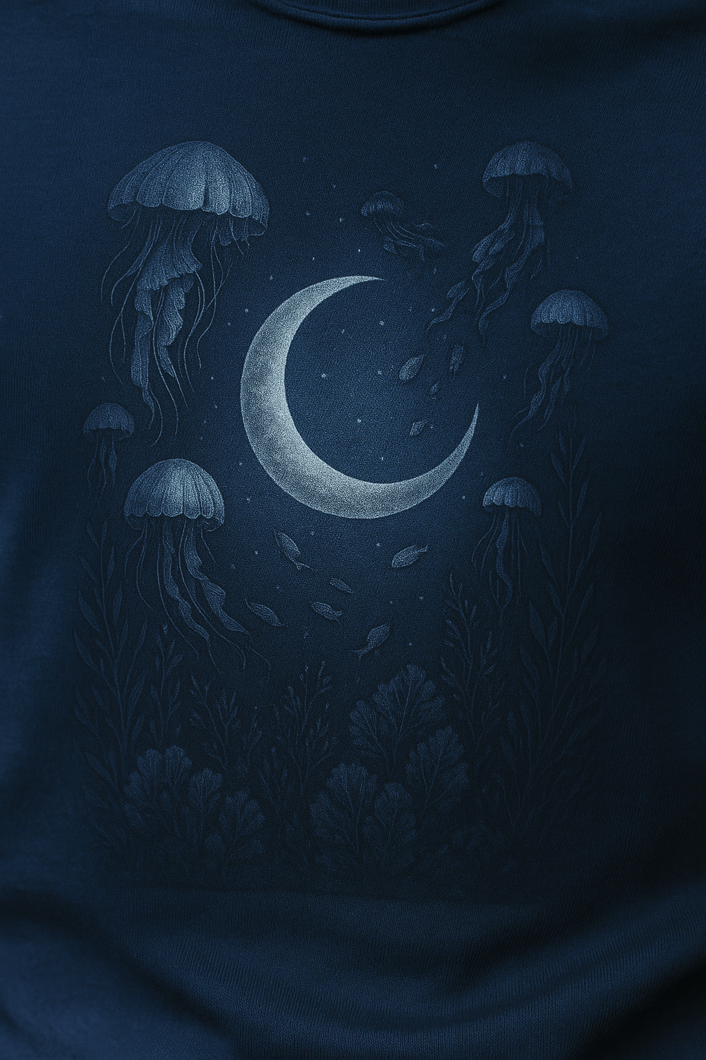 Navy blue t-shirt with jellyfish and crescent moon design