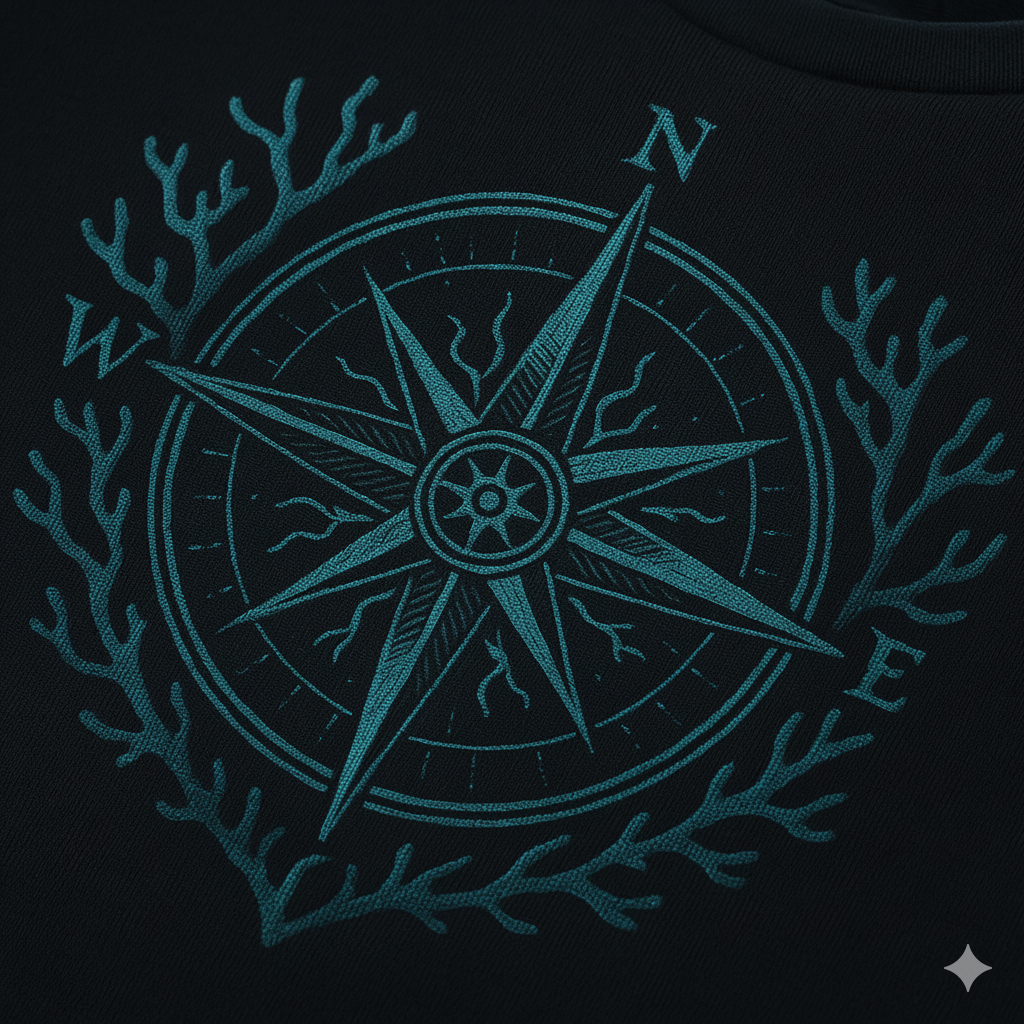 Teal compass design on a black background