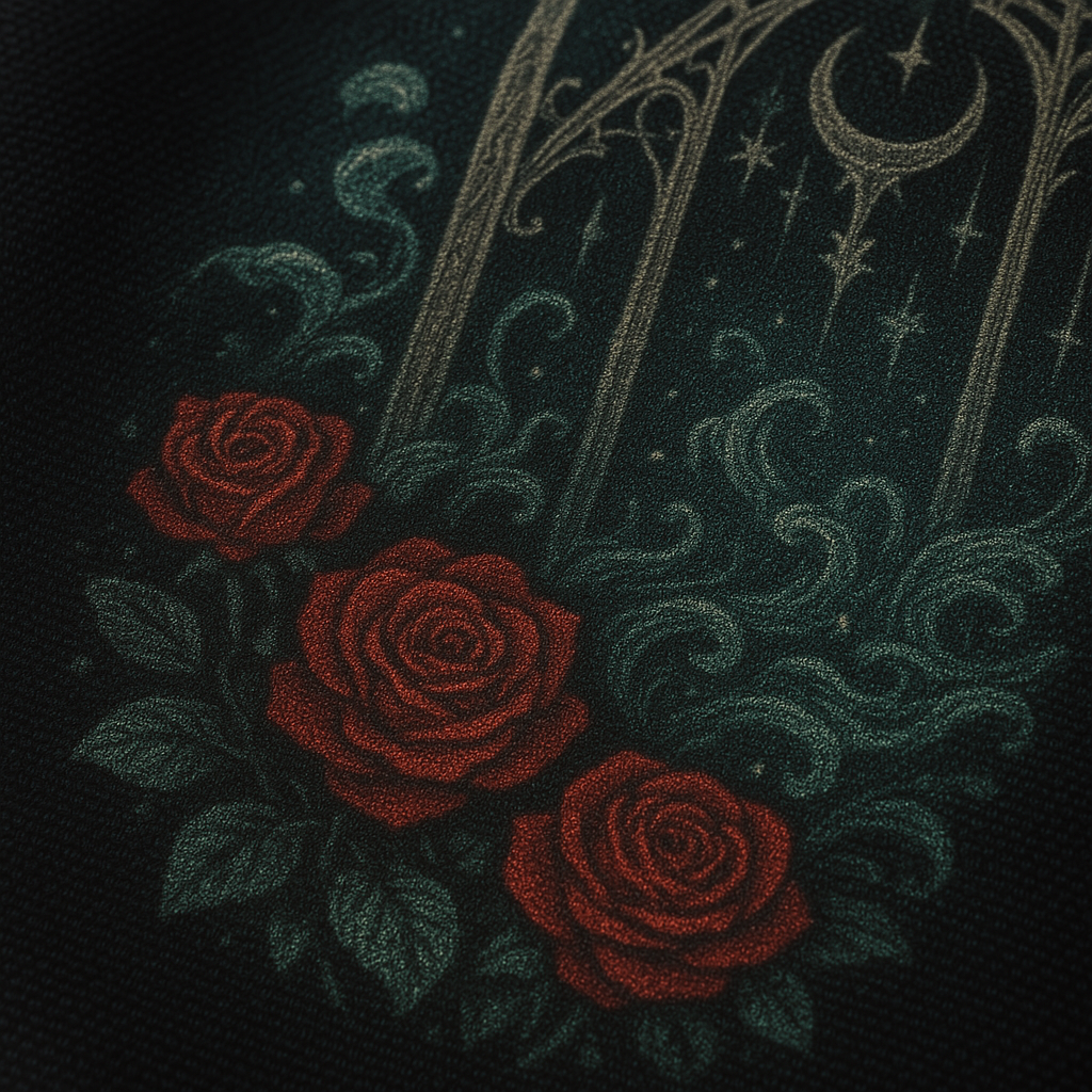 Embroidered design of red roses and decorative elements on a dark background
