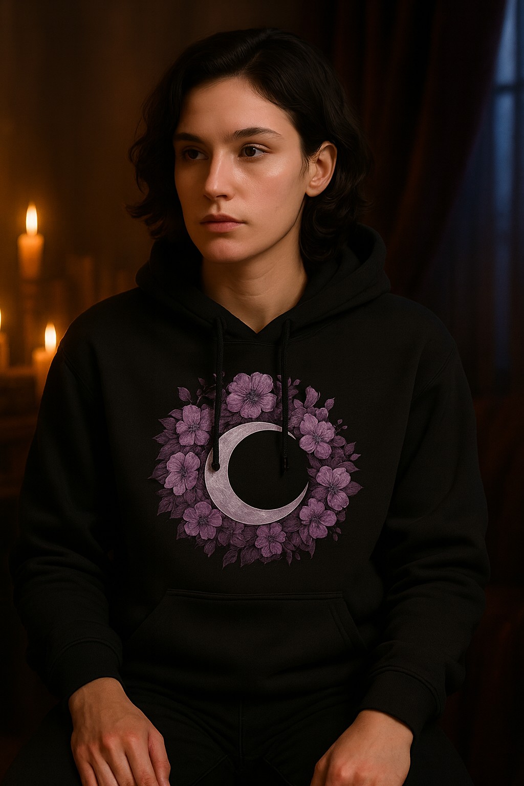 Person wearing a black hoodie with a floral and moon design, sitting in a dimly lit room.
