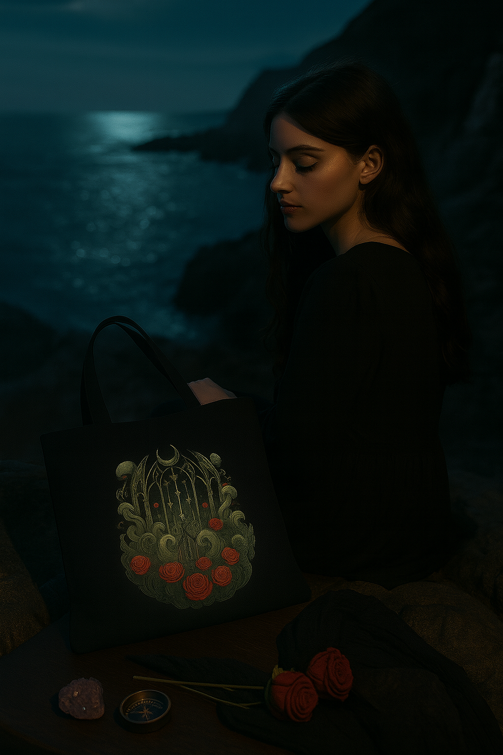 Woman holding a dark bag with a floral design by a body of water at night.