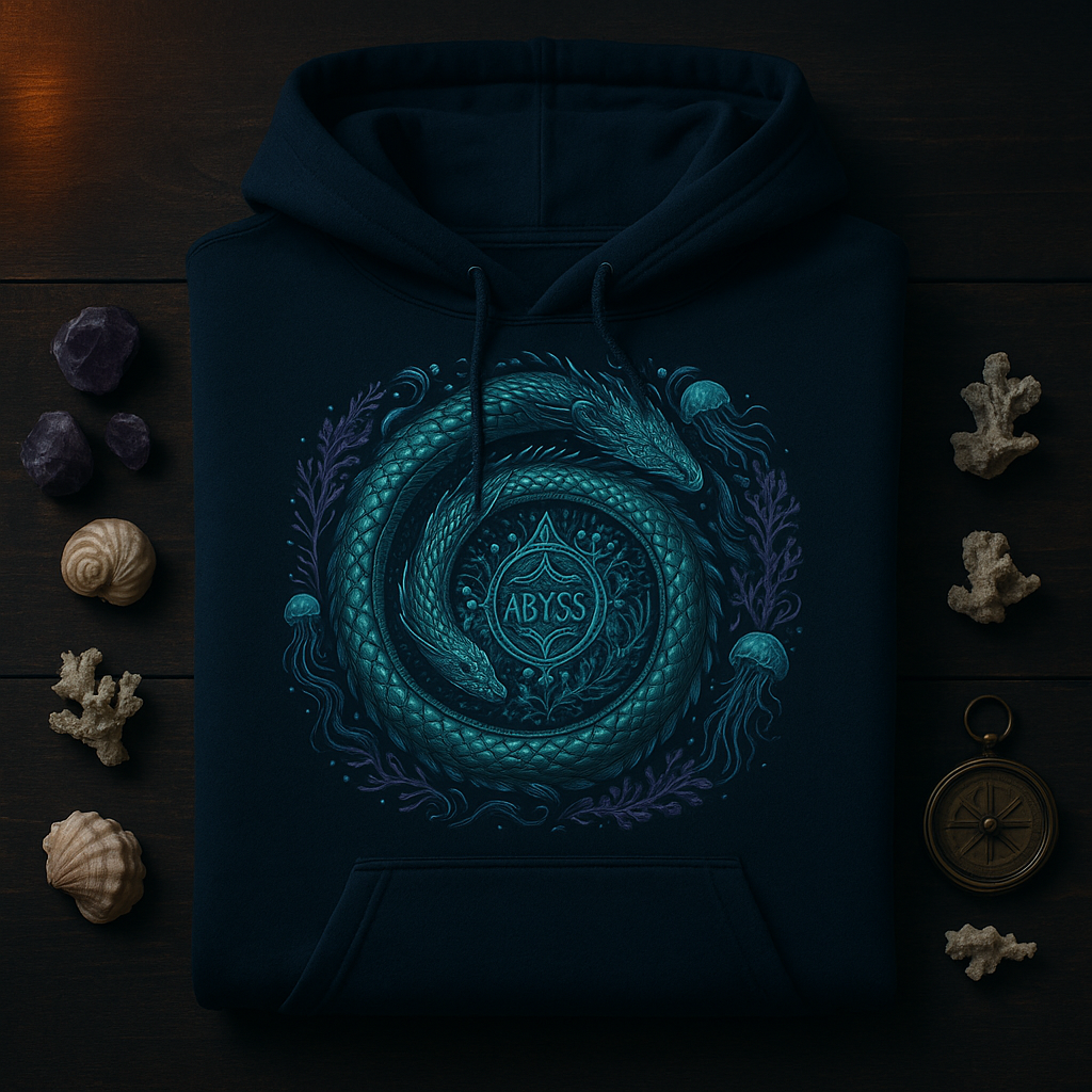 Dark blue hoodie with a dragon design and 'Abyss' text on a wooden surface with decorative items.