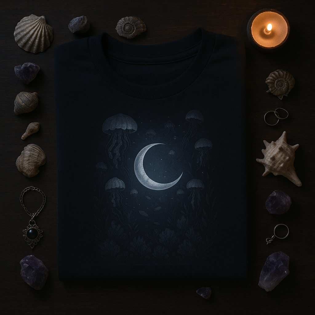 Dark t-shirt with jellyfish and moon design, surrounded by seashells and a candle on a dark background