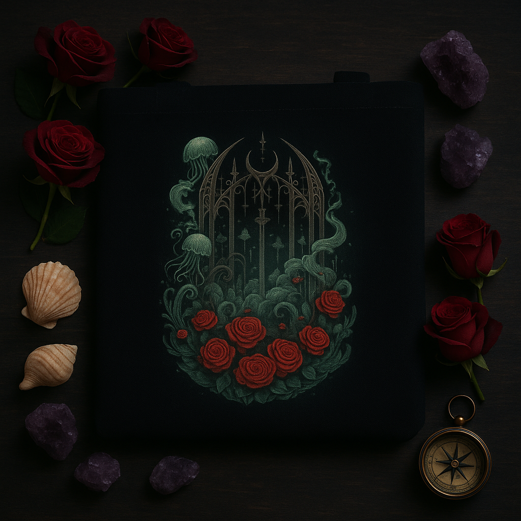 Dark tote bag with a gothic design featuring roses and a compass on a dark background.