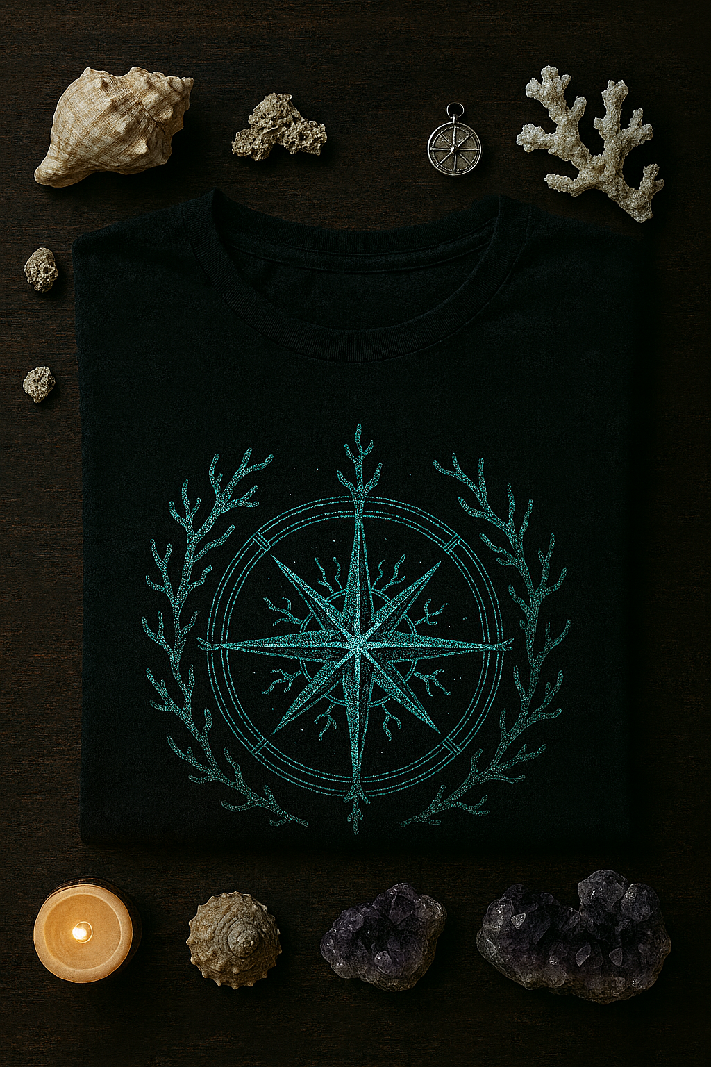 Black t-shirt with teal compass design on a dark surface with natural elements.