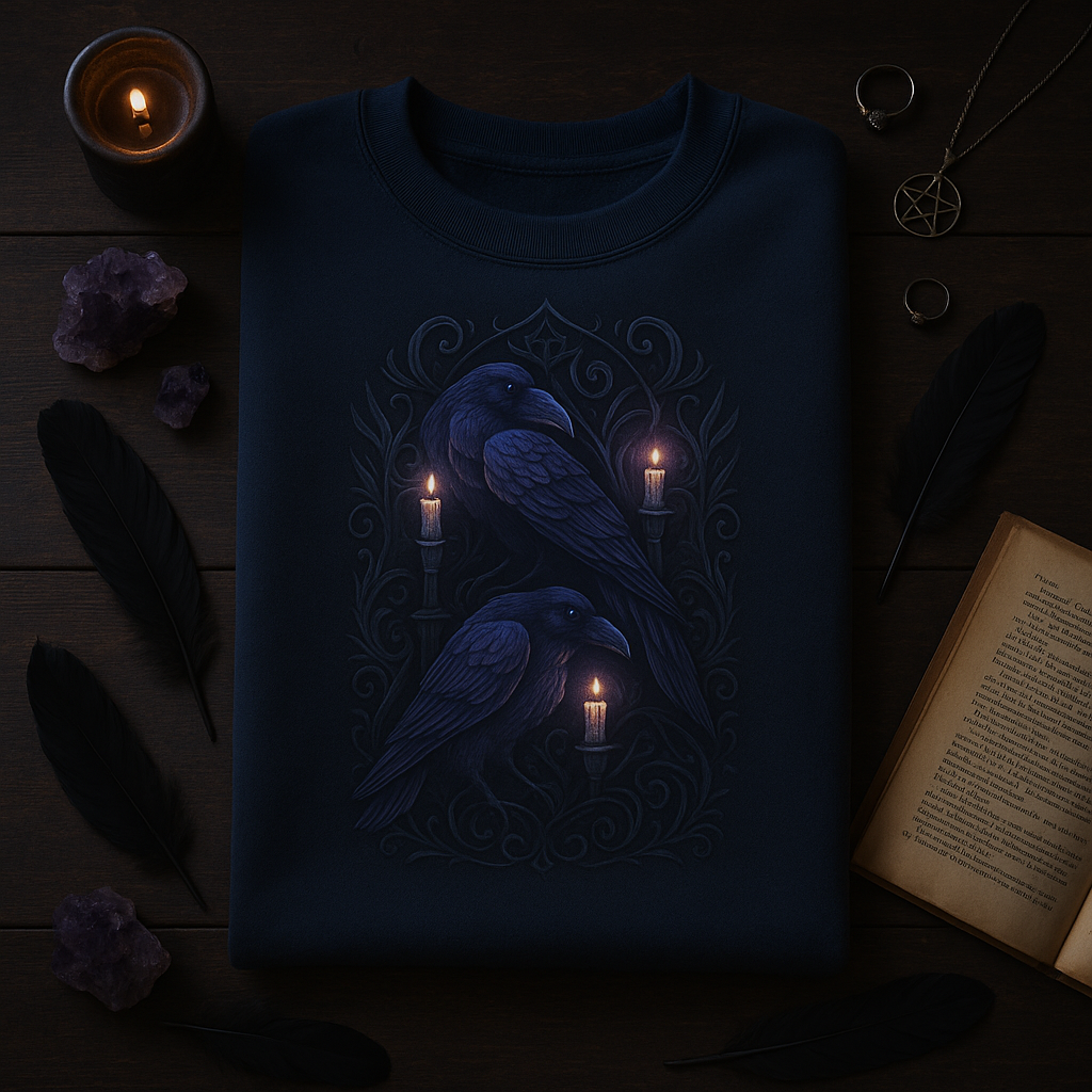 Dark blue sweatshirt with crow design on a wooden surface with candles and feathers.