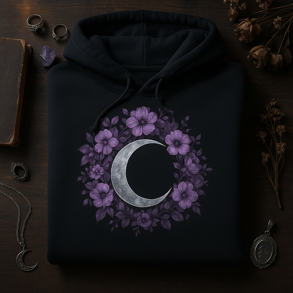 Black hoodie with a floral crescent moon design on a dark wooden surface with decorative items.