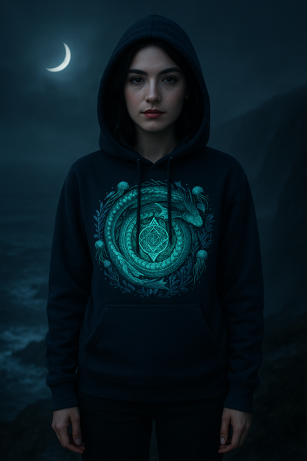 Person wearing a hoodie with a green graphic design against a dark, moonlit background