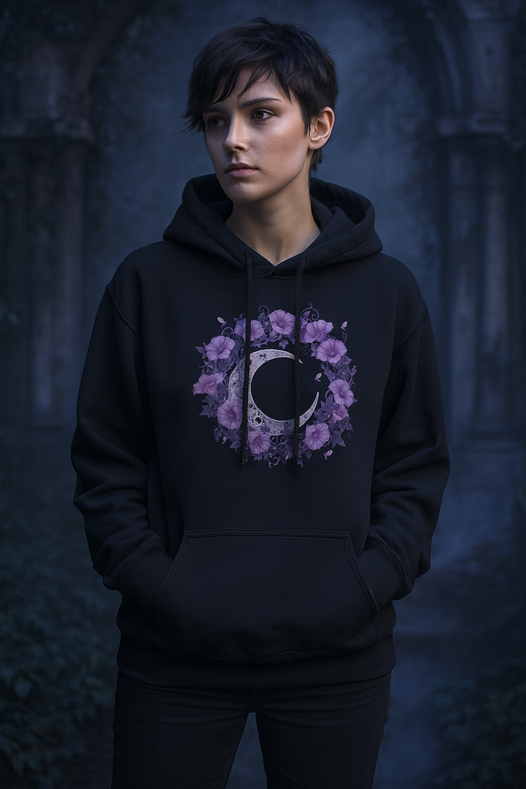 Person wearing a black hoodie with a purple floral and moon design against a dark background
