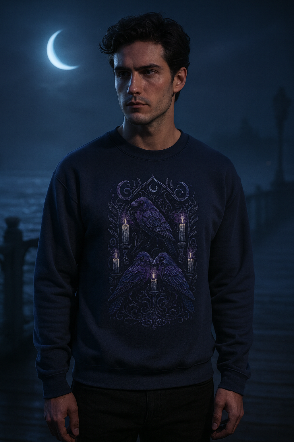 Man wearing a dark sweatshirt with a candle design against a night-time coastal background.