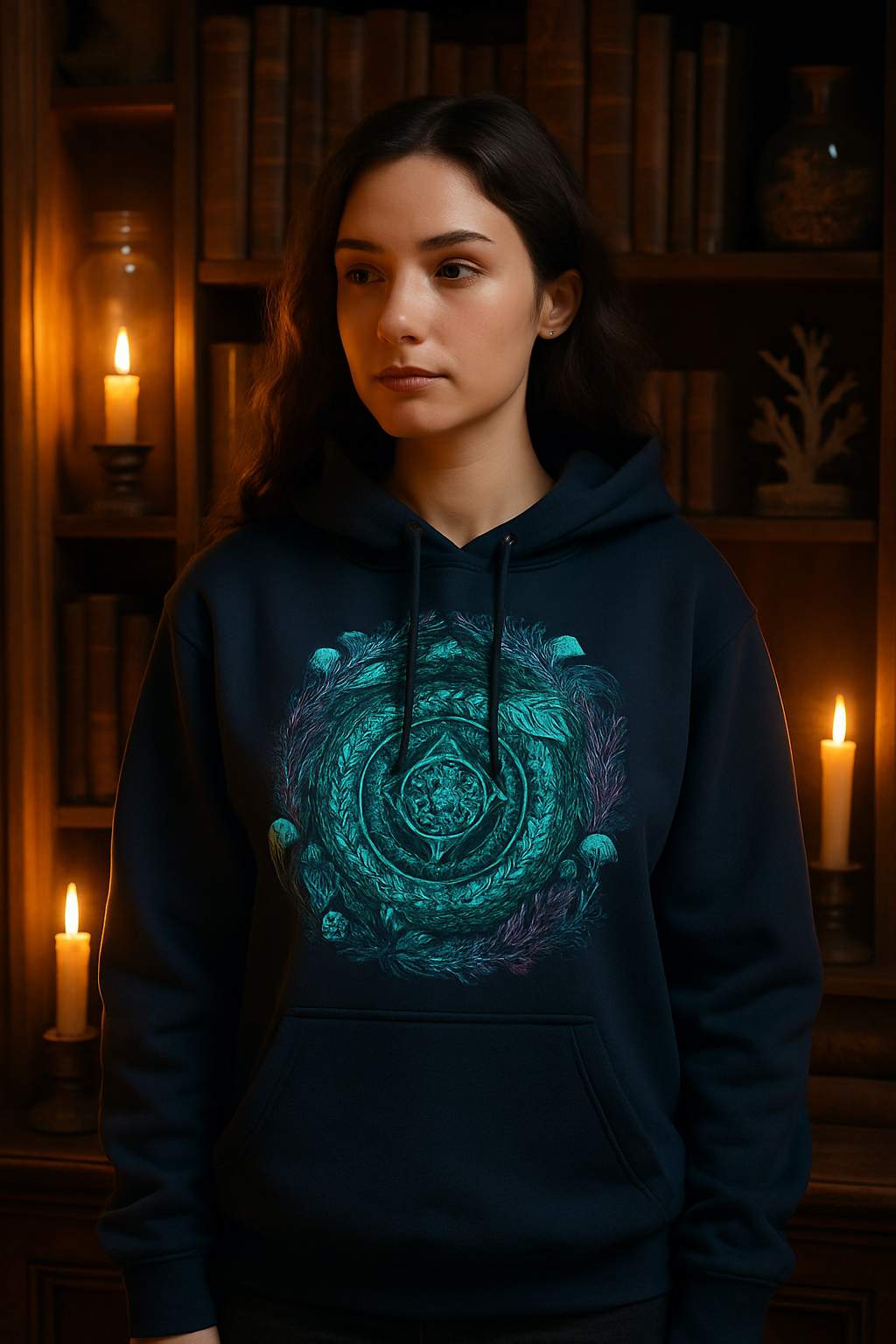 Person wearing a dark hoodie with a teal mandala design in a dimly lit room with candles and books.