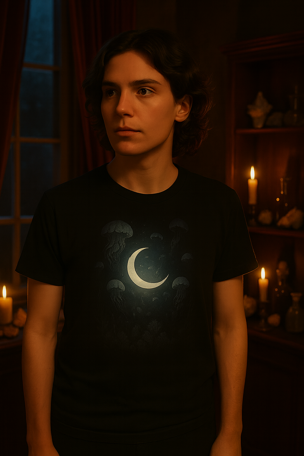 Person wearing a black t-shirt with a moon design in a dimly lit room with candles.