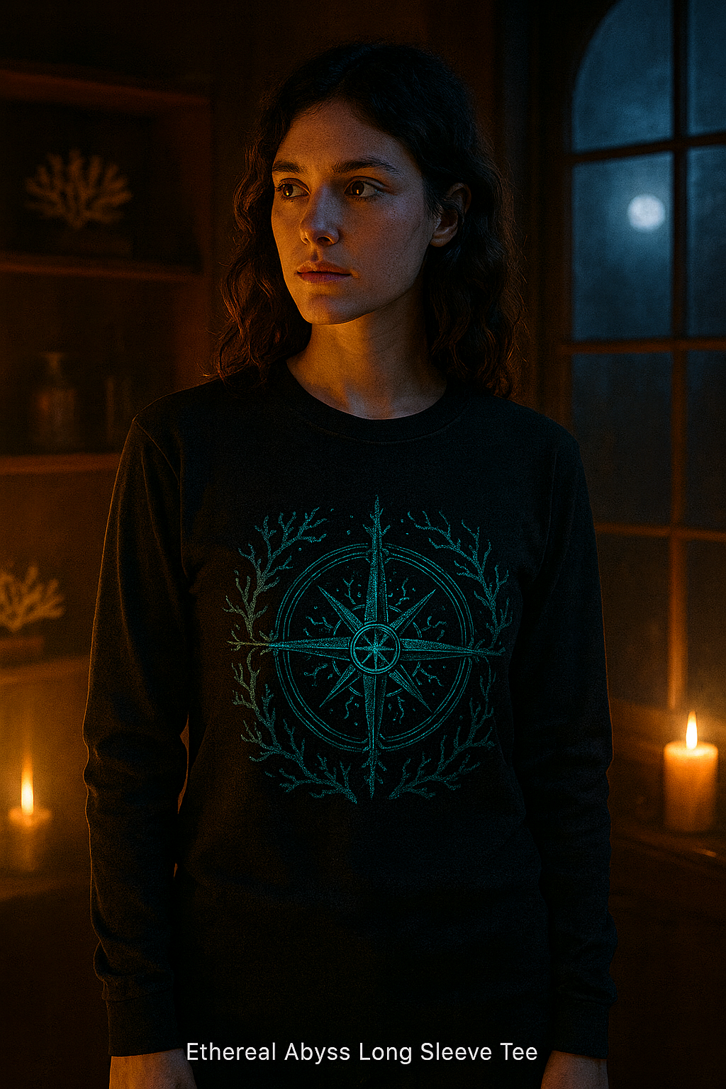 Woman wearing a black long-sleeve shirt with a glowing design in a dimly lit room.