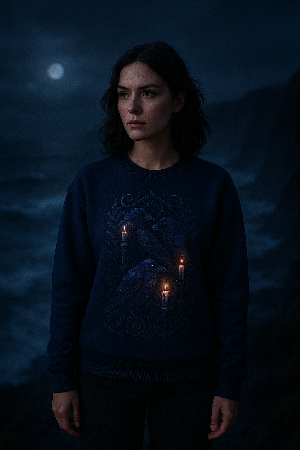 Person wearing a dark sweater with a graphic design against a dark background