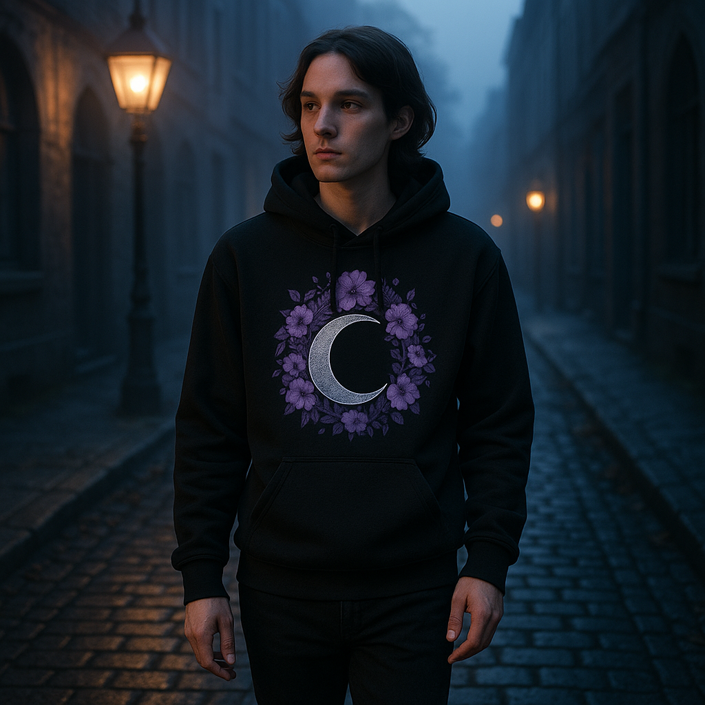 Person wearing a black hoodie with a floral moon design in a foggy street setting