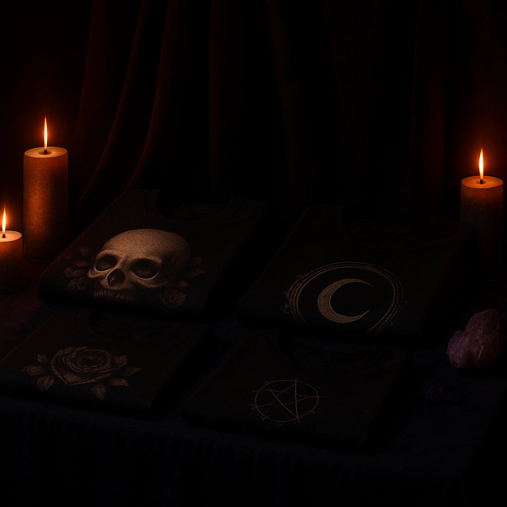 Dark setting with a skull, candles, and mystical symbols on a dark background