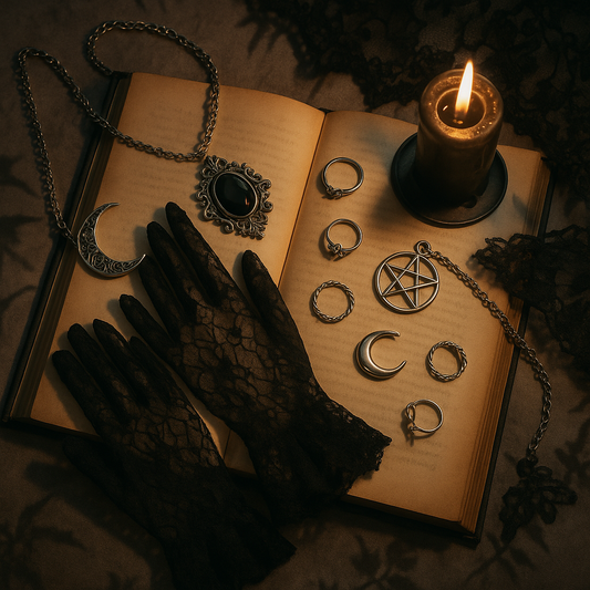 Gothic flat-lay scene with candlelight, open book, and black lace gloves symbolizing the language of shadows, Whimsigothic fashion by GothWhimsy.