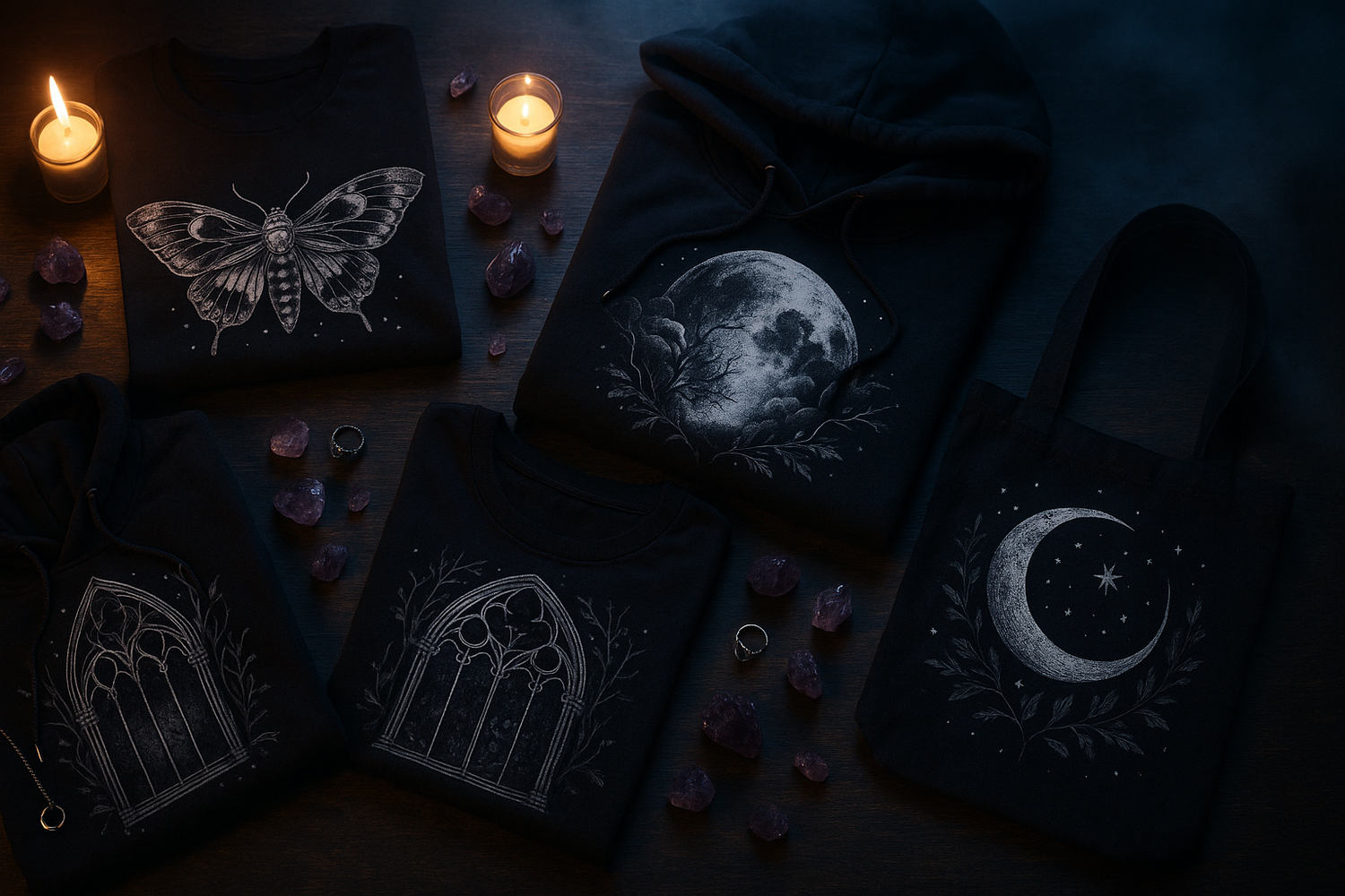 Dark-themed clothing with celestial designs on a wooden surface with candles and crystals.
