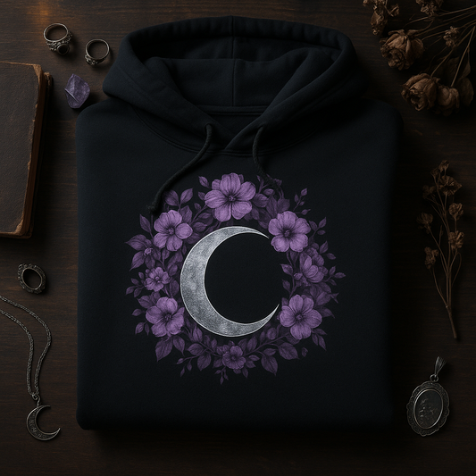 Black hoodie with a floral crescent moon design on a dark wooden surface with decorative items.