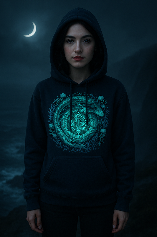 Person wearing a hoodie with a green graphic design against a dark, moonlit background