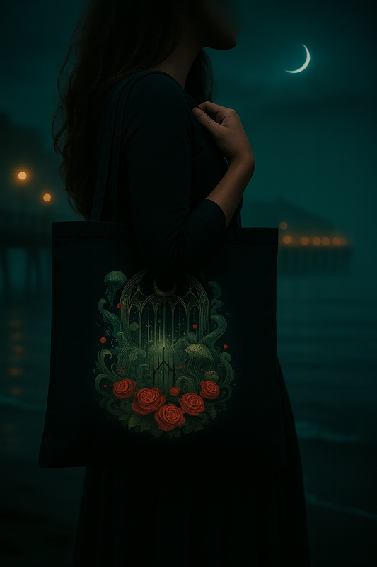 Person holding a tote bag with a decorative design of roses and a harp against a dark, moonlit background.