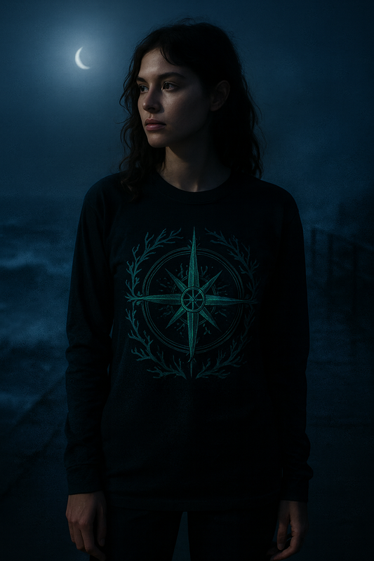 Person wearing a black long-sleeve shirt with a blue compass design against a dark background.