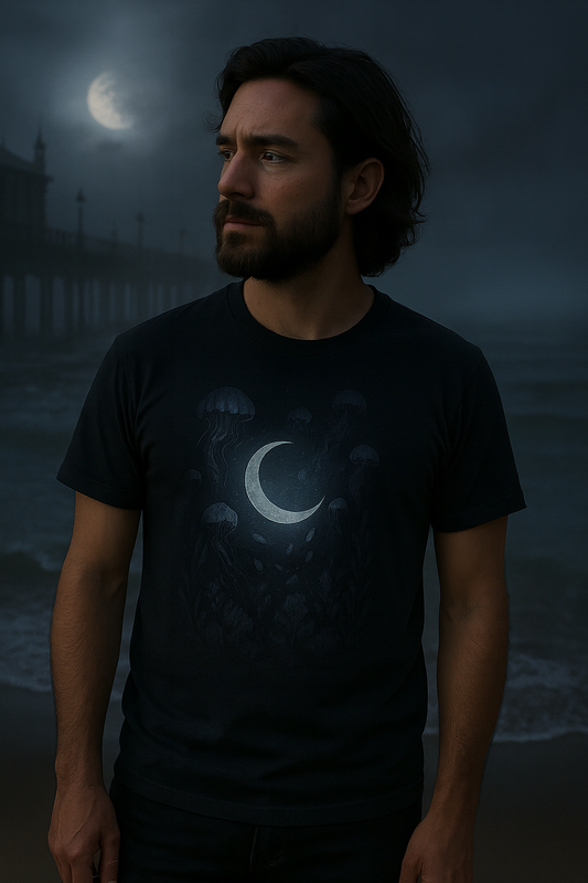 Man wearing a black t-shirt with a moon design against a dark, moody background.