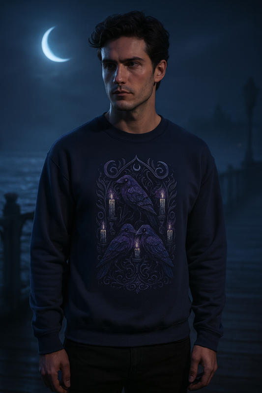 Man wearing a dark sweatshirt with a candle design against a night-time coastal background.