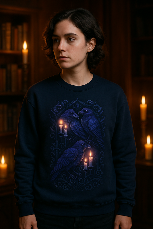 Person wearing a dark blue sweater with a bird design in a candlelit room