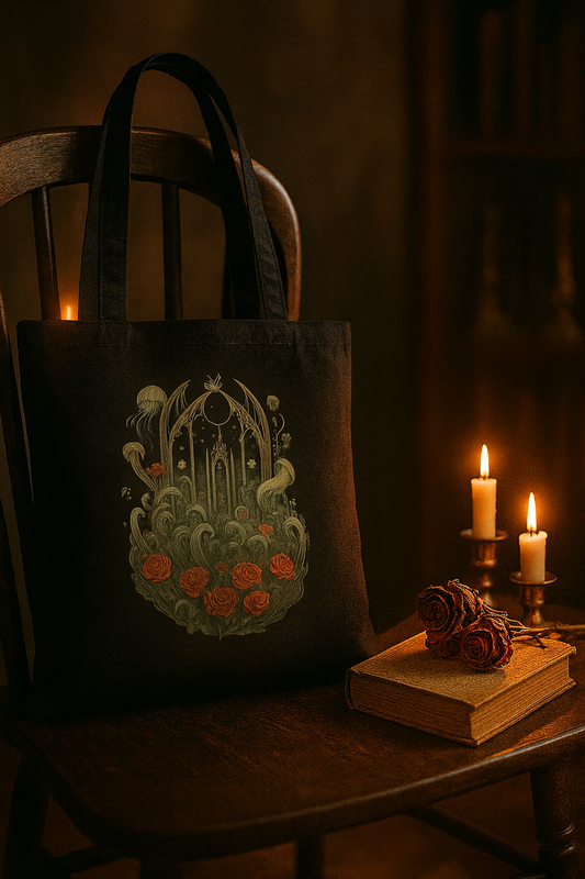 Dark tote bag with decorative design on a wooden chair with candles and books in the background