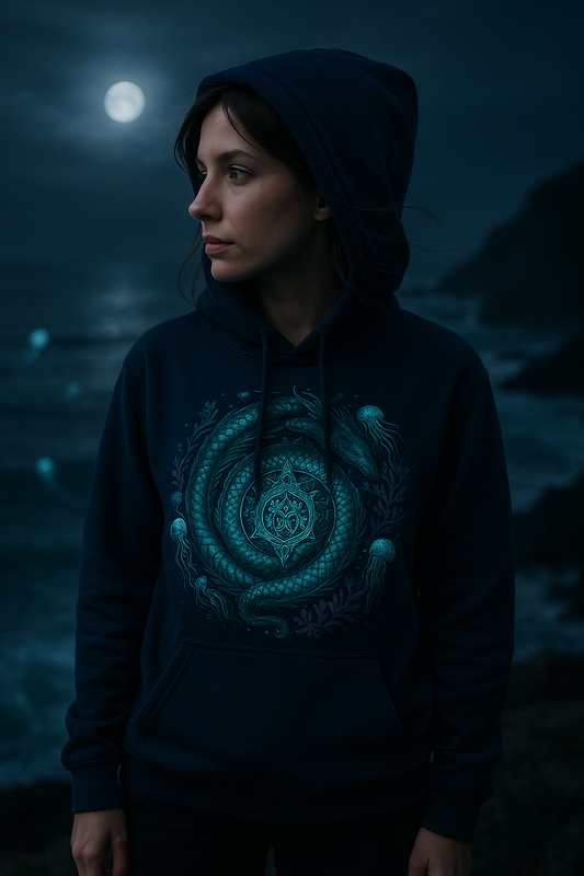 Person wearing a dark hoodie with a glowing blue design against a night-time coastal background.