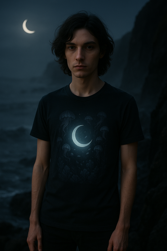 Person wearing a black t-shirt with a crescent moon design against a dark background