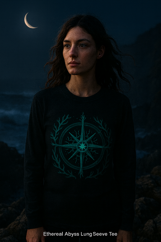 Person wearing a black t-shirt with a glowing design against a dark background